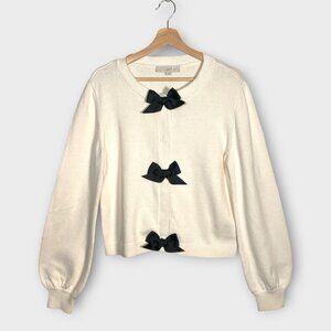 LOFT Cardigan Sweater LARGE Cream Black Bows Snap Up Cotton Clean Girl NEW